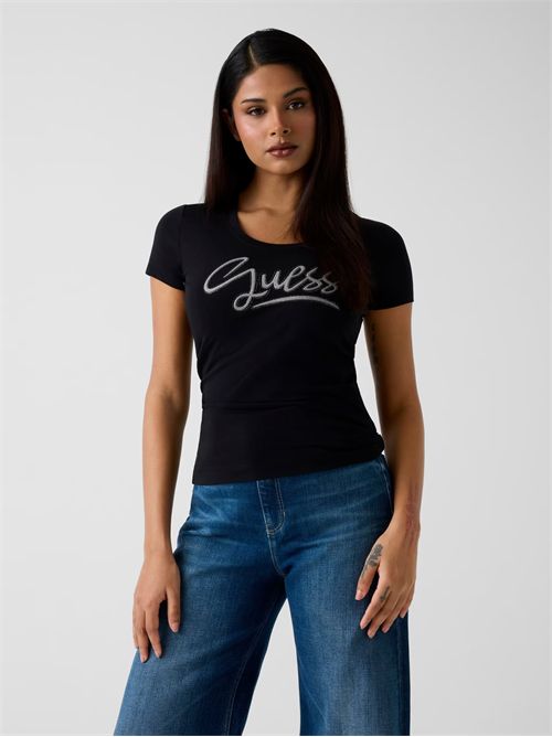 T-shirt con strass logo GUESS | W6RI24J1314/JBLK